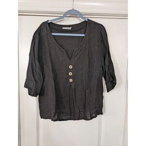 TEMPO PARIS Linen V Neck shirt women's M/L brown flowy lagenlook artsy